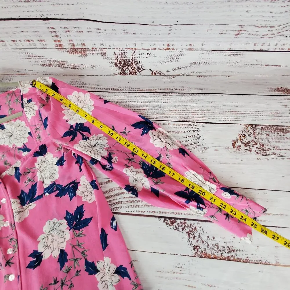 Yumi Kim Velvet Morning Hot Pink Floral Blouse S Silky Puff Sleeves Tropical Top